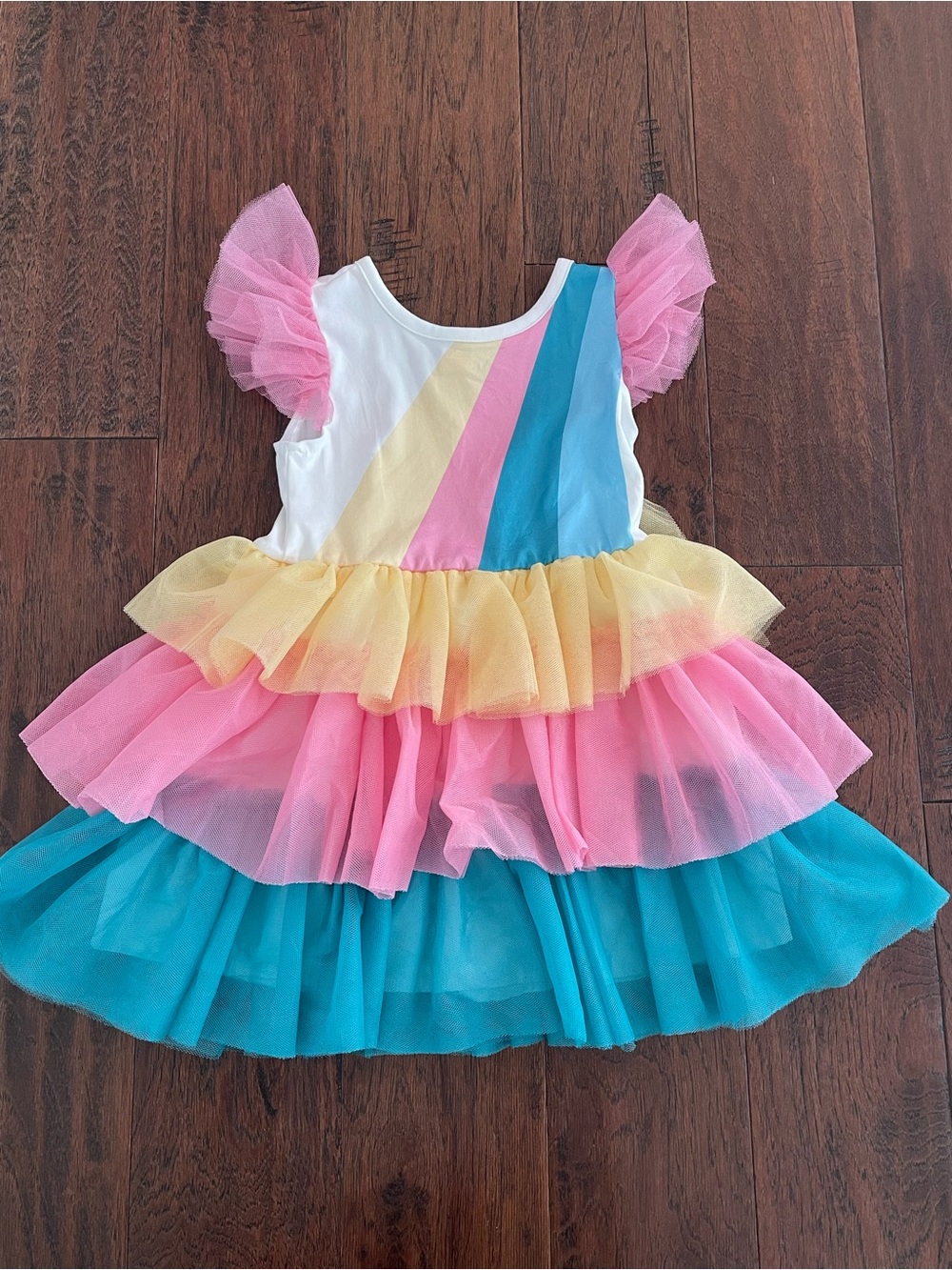 Girls Rainbow Tulle Layered Party Dress - Pink, Yellow & Blue